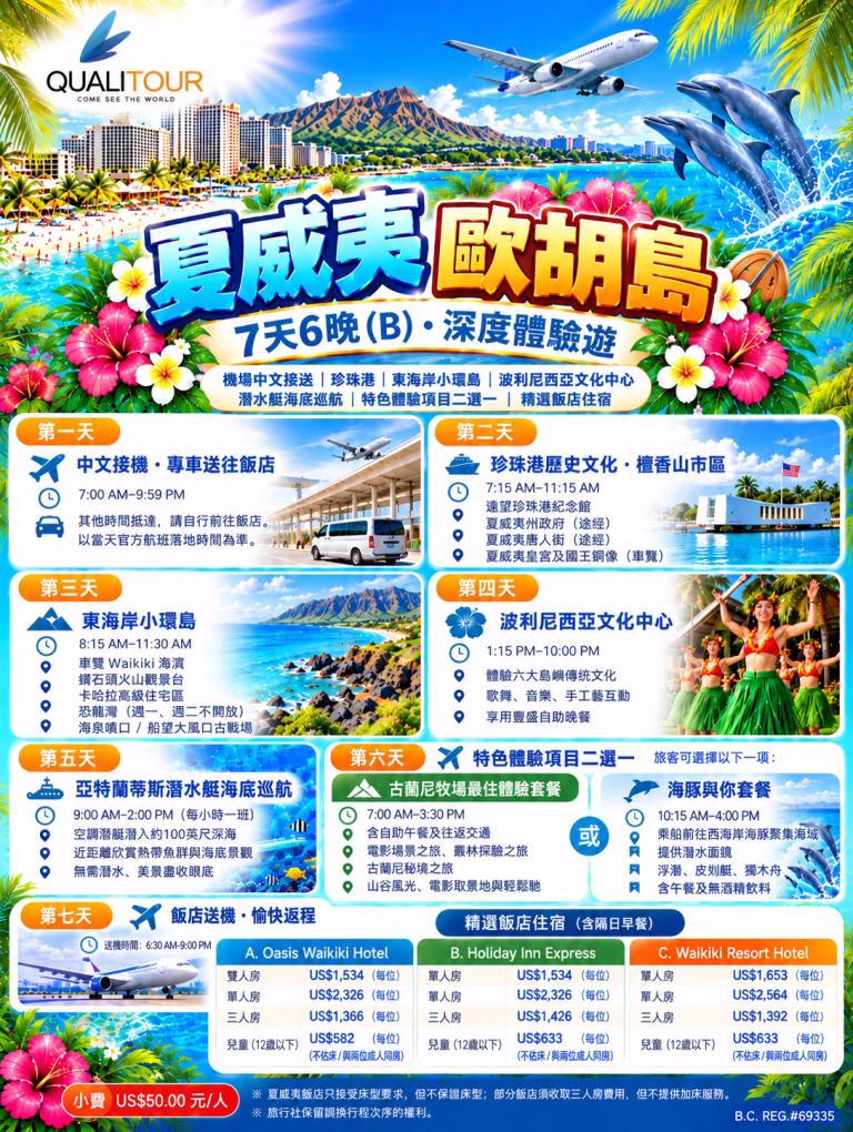 Hawaii Flyers – 夏威夷欧胡岛7天6晚B深度体验游 – Qualitour