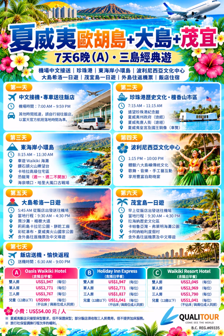Hawaii Flyers – 夏威夷欧胡岛+大岛+茂宜7天6晚A三岛经典游 – Qualitour